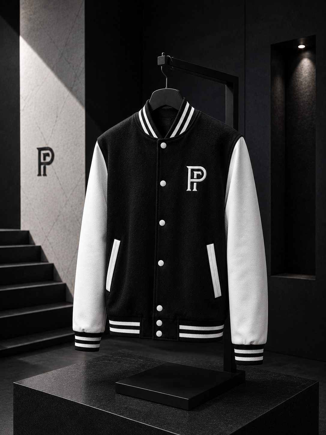 Pravus Varsity Jacket, Black / White